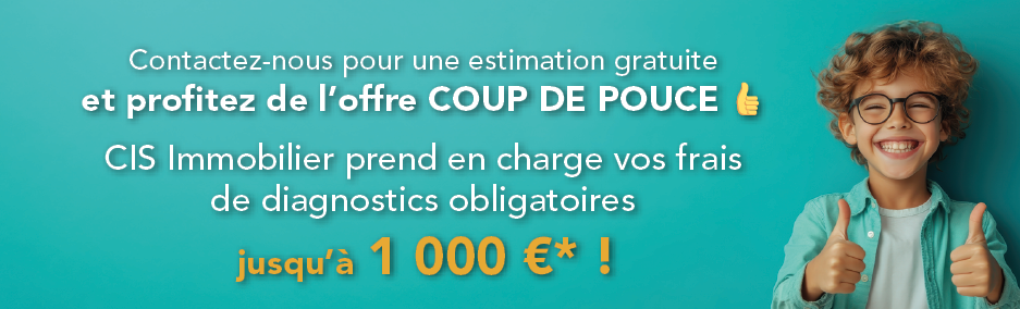 garçon levant les pouces avec texte présentant une offre